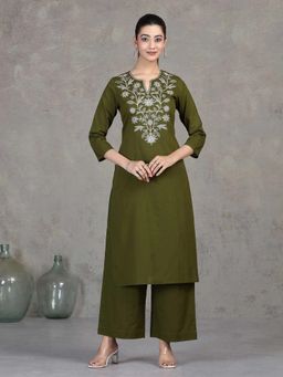 Cotton Culture - Olive Embroidered Cotton Straight Co-Ord Set