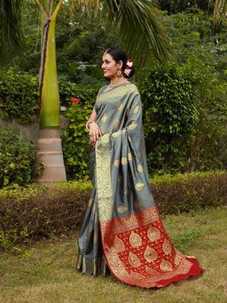 JUST FASHION - Grey Woven Design Banarasi Art Silk Saree with Unstitched Blouse