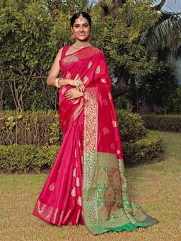 JUST FASHION - Pink Woven Design Banarasi Art Silk Saree with Unstitched Blouse