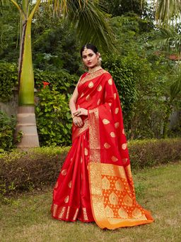 JUST FASHION - Red Woven Design Banarasi Art Silk Saree with Unstitched Blouse