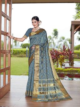 JUST FASHION - Grey Woven Art Silk Bandhani Saree with Unstitched Blouse