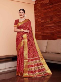 JUST FASHION - Red Woven Art Silk Bandhani Saree with Unstitched Blouse