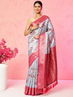 JUST FASHION - Multi Colour Floral Printed Banarasi Art Silk Saree with Unstitched Blouse