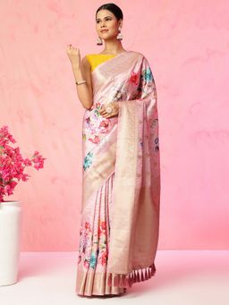 JUST FASHION - Multi Colour Floral Printed Banarasi Art Silk Saree with Unstitched Blouse