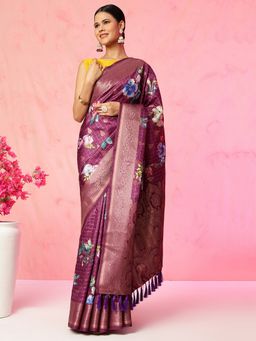 JUST FASHION - Multi Colour Floral Printed Banarasi Art Silk Saree with Unstitched Blouse