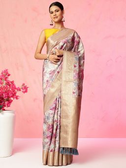 JUST FASHION - Multi Colour Floral Printed Banarasi Art Silk Saree with Unstitched Blouse