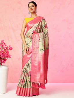 JUST FASHION - Multi Colour Floral Printed Banarasi Art Silk Saree with Unstitched Blouse