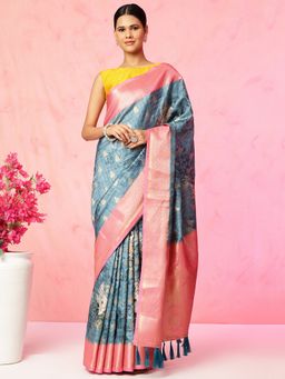 JUST FASHION - Multi Colour Floral Printed Banarasi Art Silk Saree with Unstitched Blouse