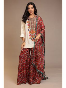 Zari Jaipur - White Zari Jaipur Embroidered Kurta with Sharara and Dupatta