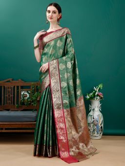 JUST FASHION - Green Woven Design Kanjeevaram Art Silk Saree with Unstitched Blouse