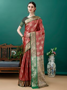 JUST FASHION - Maroon Woven Design Kanjeevaram Art Silk Saree with Unstitched Blouse