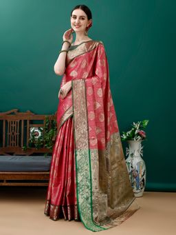 JUST FASHION - Pink Woven Design Kanjeevaram Art Silk Saree with Unstitched Blouse