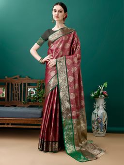 JUST FASHION - Magenta Woven Design Kanjeevaram Art Silk Saree with Unstitched Blouse