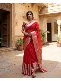 Anjaneya Sarees - Red Designer Banarasi Silk Kanjivaram Solid Saree with Unstitched Blouse