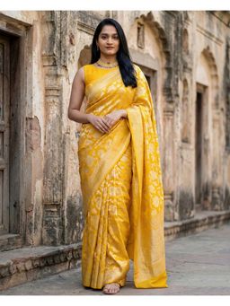 Anjaneya Sarees - Yellow Designer Banarasi Silk Kanjivaram Solid Saree with Unstitched Blouse