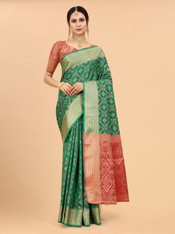 JUST FASHION - Green Woven Art Silk Patola Saree with Unstitched Blouse