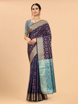 JUST FASHION - Navy Blue Woven Art Silk Patola Saree with Unstitched Blouse