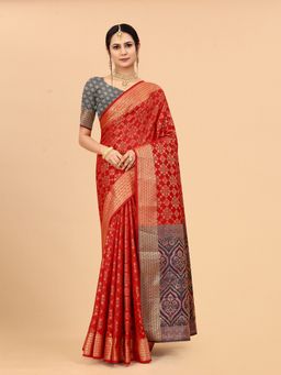 JUST FASHION - Red Woven Art Silk Patola Saree with Unstitched Blouse