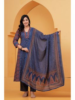 JAIPUR SARAI - Blue Printed Regular Pure Cotton Kurta with Pant and Dupatta