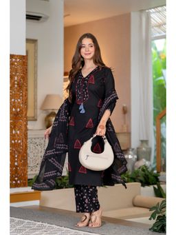 JAIPUR SARAI - Black Pure Cotton Embroidered Kurta with Pant and Dupatta