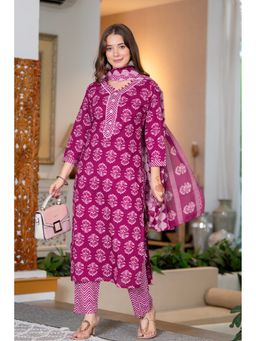 JAIPUR SARAI - Pink Ethnic Motifs Printed Regular Pure Cotton Kurta with Pant and Dupatta