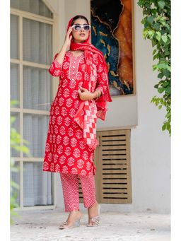 JAIPUR SARAI - Red Ethnic Motifs Printed Regular Pure Cotton Kurta with Pant and Dupatta