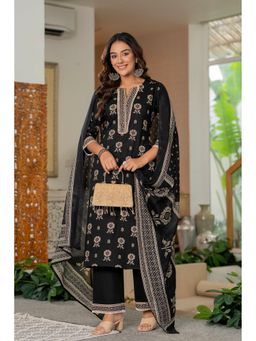 JAIPUR SARAI - Black Printed Regular Pure Cotton Kurta with Pant and Dupatta