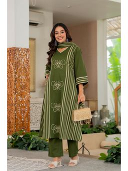 JAIPUR SARAI - Green Striped Printed Pure Cotton Kurta with Pant and Dupatta