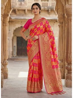 Anjaneya Sarees - Pink Designer Banarasi Silk Kanjivaram Solid Saree with Unstitched Blouse