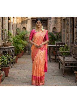 Anjaneya Sarees - Peach Designer Banarasi Silk Kanjivaram Solid Saree with Unstitched Blouse