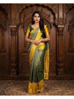 Anjaneya Sarees - Green Designer Banarasi Silk Kanjivaram Solid Saree with Unstitched Blouse