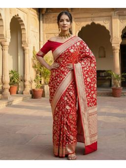 Anjaneya Sarees - Red Designer Banarasi Silk Kanjivaram Solid Saree with Unstitched Blouse