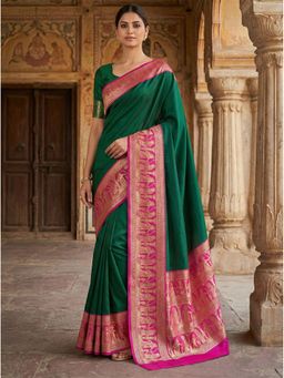Anjaneya Sarees - Green Designer Banarasi Silk Kanjivaram Solid Saree with Unstitched Blouse
