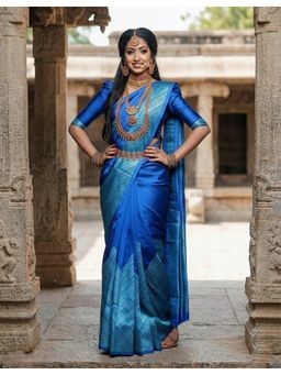 Anjaneya Sarees - Blue Designer Banarasi Silk Kanjivaram Solid Saree with Unstitched Blouse