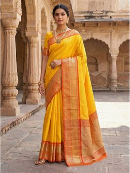 Anjaneya Sarees - Yellow Designer Banarasi Silk Kanjivaram Solid Saree with Unstitched Blouse