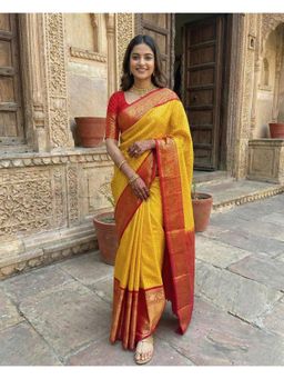 Anjaneya Sarees - Yellow Designer Banarasi Silk Kanjivaram Solid Saree with Unstitched Blouse