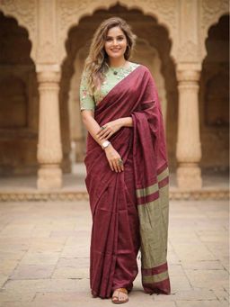 Anjaneya Sarees - Maroon Designer Cotton Silk Kanjivaram Solid Saree with Unstitched Blouse