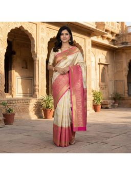 Anjaneya Sarees - Beige Designer Banarasi Silk Kanjivaram Solid Saree with Unstitched Blouse