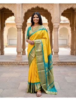 Anjaneya Sarees - Yellow Designer Banarasi Silk Kanjivaram Solid Saree with Unstitched Blouse