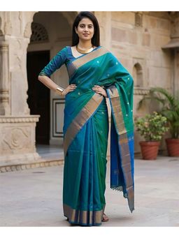 Anjaneya Sarees - Blue Designer Banarasi Silk Kanjivaram Solid Saree with Unstitched Blouse