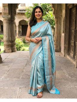 Anjaneya Sarees - Teal Designer Banarasi Silk Kanjivaram Solid Saree with Unstitched Blouse
