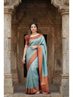Anjaneya Sarees - Teal Designer Banarasi Silk Kanjivaram Solid Saree with Unstitched Blouse