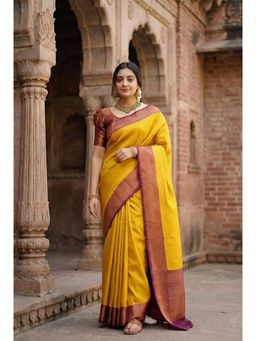 Anjaneya Sarees - Yellow Designer Banarasi Silk Kanjivaram Solid Saree with Unstitched Blouse