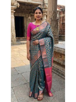 Anjaneya Sarees - Teal Designer Banarasi Silk Kanjivaram Solid Saree with Unstitched Blouse