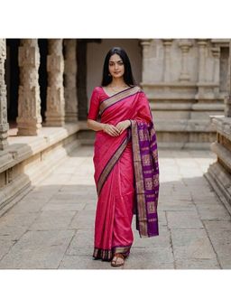 Anjaneya Sarees - Pink Designer Banarasi Silk Kanjivaram Solid Saree with Unstitched Blouse