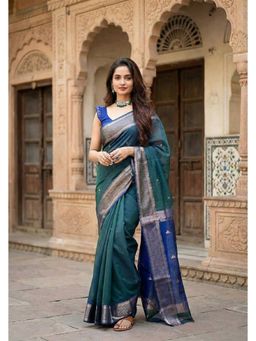 Anjaneya Sarees - Teal Designer Banarasi Silk Kanjivaram Solid Saree with Unstitched Blouse