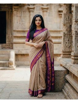 Anjaneya Sarees - Beige Designer Banarasi Silk Kanjivaram Solid Saree with Unstitched Blouse