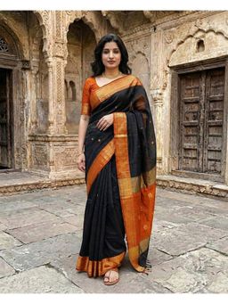Anjaneya Sarees - Black Designer Cotton Silk Kanjivaram Solid Saree with Unstitched Blouse