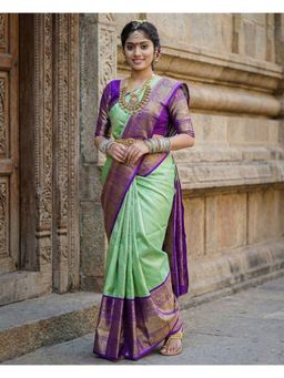 Anjaneya Sarees - Green Designer Banarasi Silk Kanjivaram Solid Saree with Unstitched Blouse