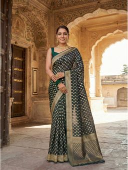 Anjaneya Sarees - Green Designer Banarasi Silk Kanjivaram Solid Saree with Unstitched Blouse